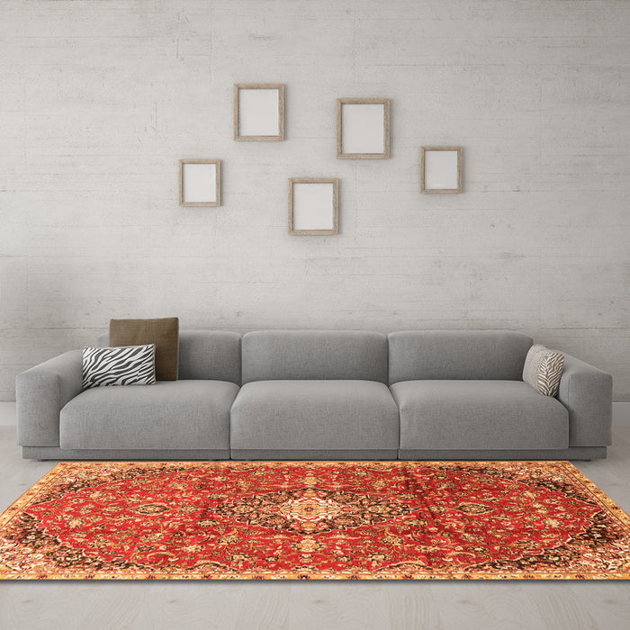 Machine Washable Medallion Orange Traditional Area Rugs in a Living Room, wshtr2995org