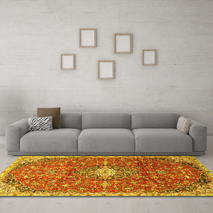 Machine Washable Medallion Yellow Traditional Rug in a Living Room, wshtr2995yw
