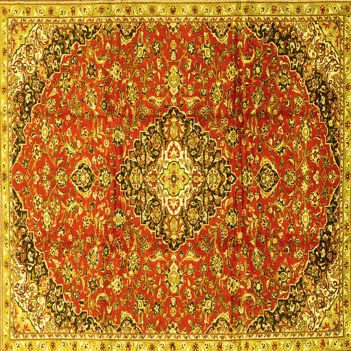 Square Machine Washable Medallion Yellow Traditional Rug, wshtr2995yw
