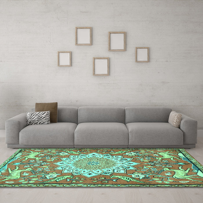 Machine Washable Animal Turquoise Traditional Area Rugs in a Living Room,, wshtr2996turq
