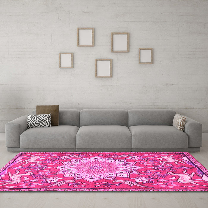 Machine Washable Animal Pink Traditional Rug in a Living Room, wshtr2996pnk