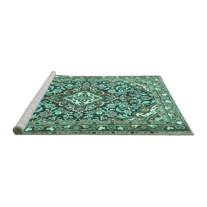 Sideview of Machine Washable Medallion Turquoise Traditional Area Rugs, wshtr2997turq