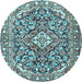 Round Machine Washable Medallion Light Blue Traditional Rug, wshtr2997lblu