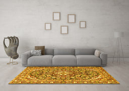 Machine Washable Medallion Yellow Traditional Rug in a Living Room, wshtr2997yw