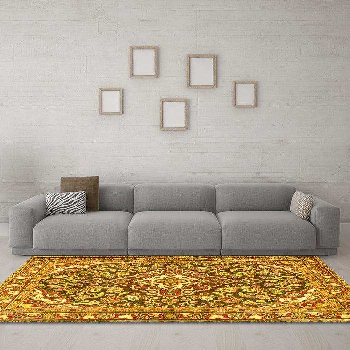 Machine Washable Medallion Yellow Traditional Rug in a Living Room, wshtr2997yw