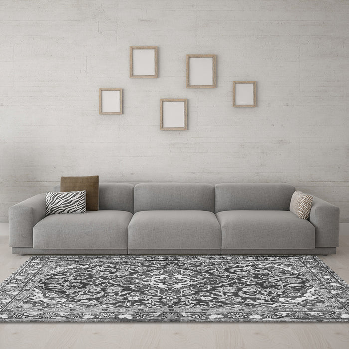 Machine Washable Medallion Gray Traditional Rug in a Living Room,, wshtr2997gry