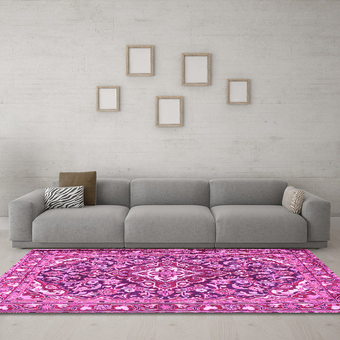 Machine Washable Medallion Pink Traditional Rug in a Living Room, wshtr2997pnk