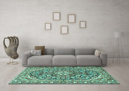 Machine Washable Medallion Turquoise Traditional Area Rugs in a Living Room,, wshtr2997turq