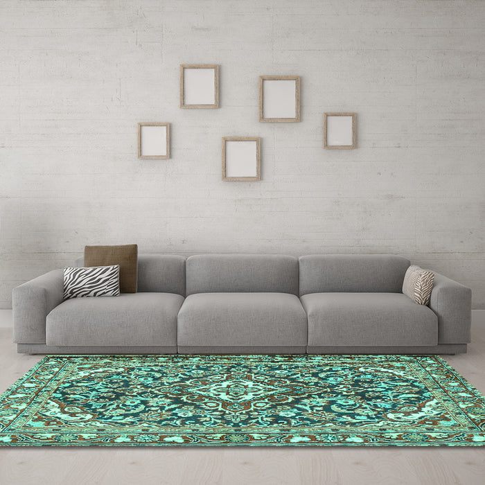 Machine Washable Medallion Turquoise Traditional Area Rugs in a Living Room,, wshtr2997turq