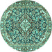 Round Machine Washable Medallion Turquoise Traditional Area Rugs, wshtr2997turq