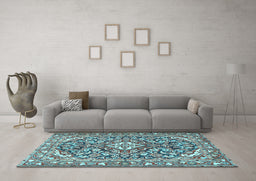Machine Washable Medallion Light Blue Traditional Rug in a Living Room, wshtr2997lblu