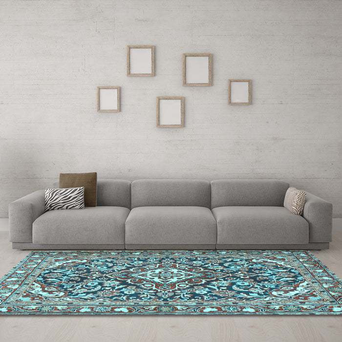 Machine Washable Medallion Light Blue Traditional Rug in a Living Room, wshtr2997lblu