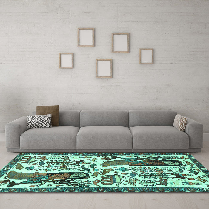 Machine Washable Animal Turquoise Traditional Area Rugs in a Living Room,, wshtr2998turq
