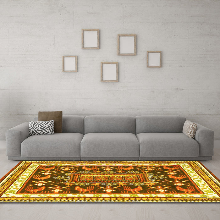 Machine Washable Animal Yellow Traditional Rug in a Living Room, wshtr2999yw