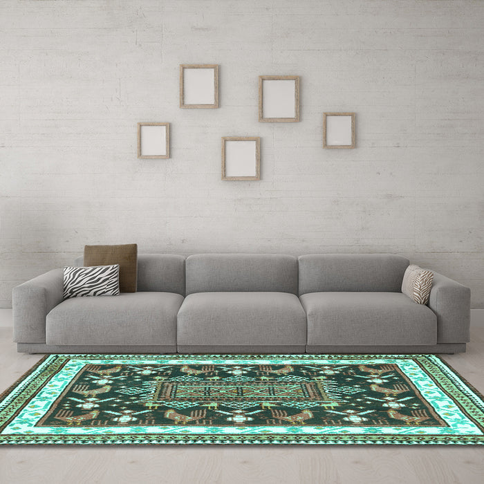 Machine Washable Animal Turquoise Traditional Area Rugs in a Living Room,, wshtr2999turq
