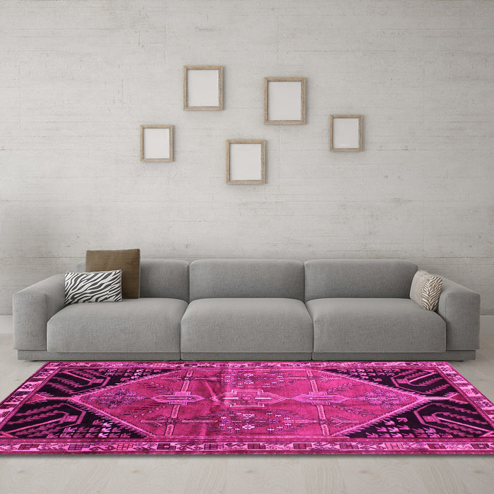 Machine Washable Persian Pink Traditional Rug in a Living Room, wshtr299pnk