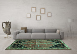 Machine Washable Persian Turquoise Traditional Area Rugs in a Living Room,, wshtr299turq