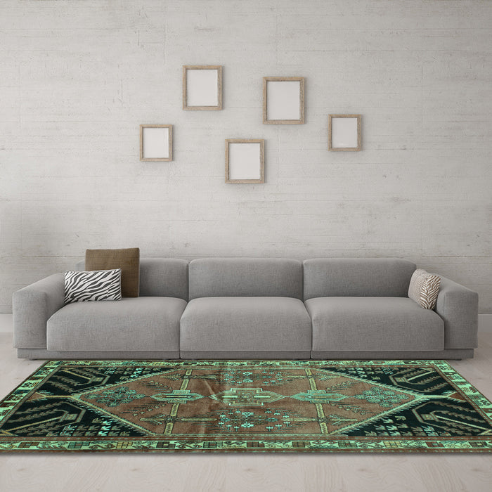 Machine Washable Persian Turquoise Traditional Area Rugs in a Living Room,, wshtr299turq