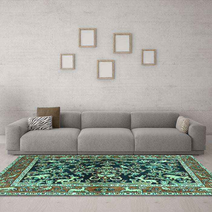 Machine Washable Animal Turquoise Traditional Area Rugs in a Living Room,, wshtr3000turq
