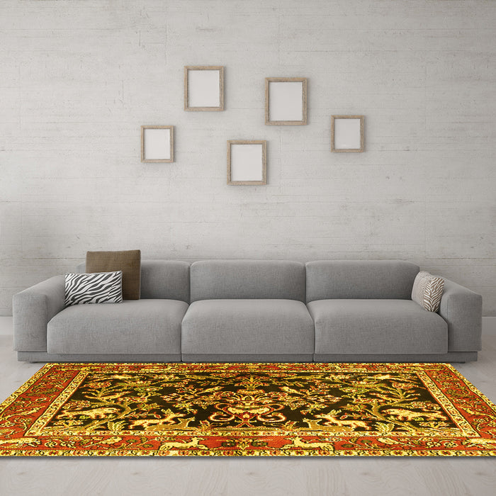 Machine Washable Animal Yellow Traditional Rug in a Living Room, wshtr3000yw
