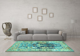 Machine Washable Animal Turquoise Traditional Area Rugs in a Living Room,, wshtr3001turq
