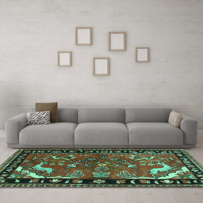 Machine Washable Persian Turquoise Traditional Area Rugs in a Living Room,, wshtr3002turq