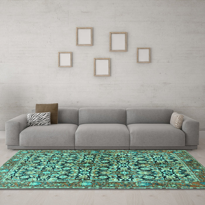 Machine Washable Persian Turquoise Traditional Area Rugs in a Living Room,, wshtr3003turq