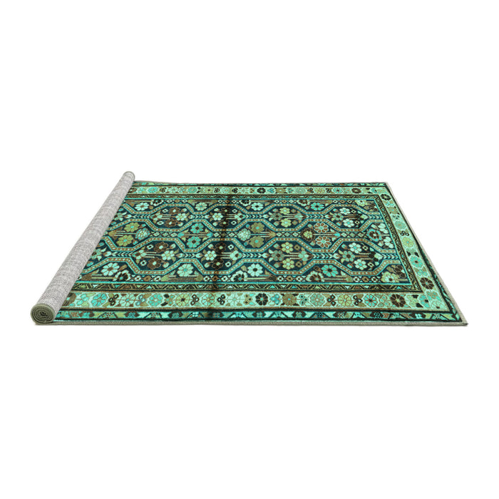 Sideview of Machine Washable Persian Turquoise Traditional Area Rugs, wshtr3004turq