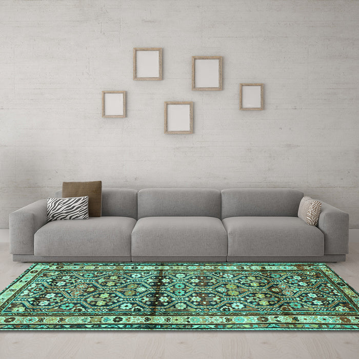Machine Washable Persian Turquoise Traditional Area Rugs in a Living Room,, wshtr3004turq