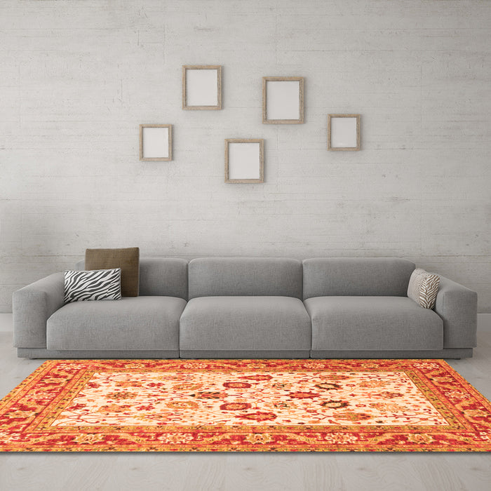 Machine Washable Oriental Orange Traditional Area Rugs in a Living Room, wshtr3006org