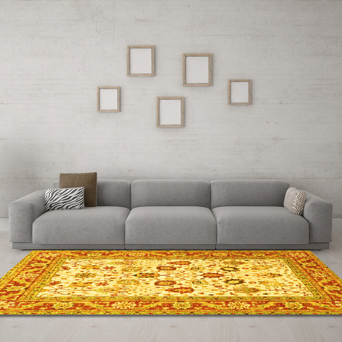 Machine Washable Oriental Yellow Traditional Rug in a Living Room, wshtr3006yw