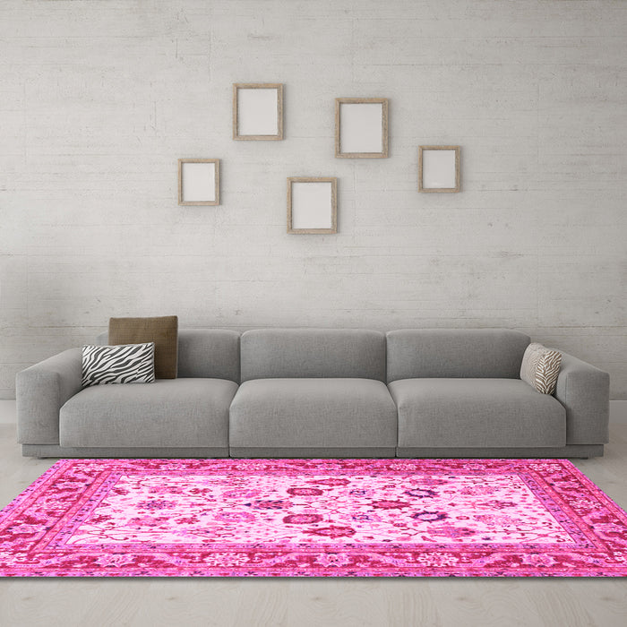 Machine Washable Oriental Pink Traditional Rug in a Living Room, wshtr3006pnk