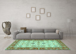 Machine Washable Oriental Turquoise Traditional Area Rugs in a Living Room,, wshtr3007turq
