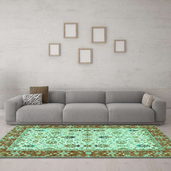 Machine Washable Oriental Turquoise Traditional Area Rugs in a Living Room,, wshtr3007turq