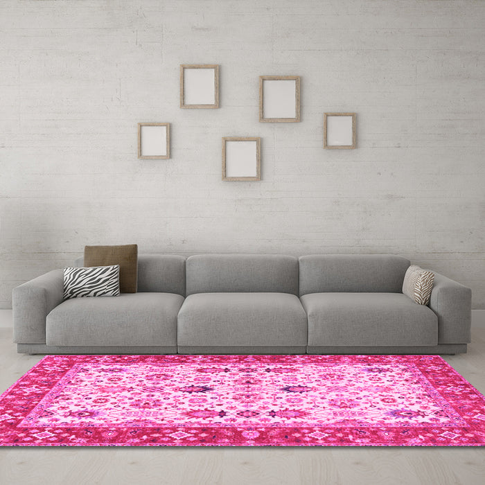 Machine Washable Oriental Pink Traditional Rug in a Living Room, wshtr3007pnk
