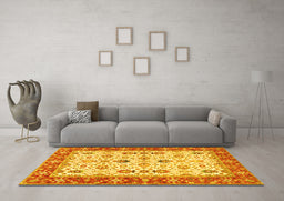 Machine Washable Oriental Yellow Traditional Rug in a Living Room, wshtr3007yw