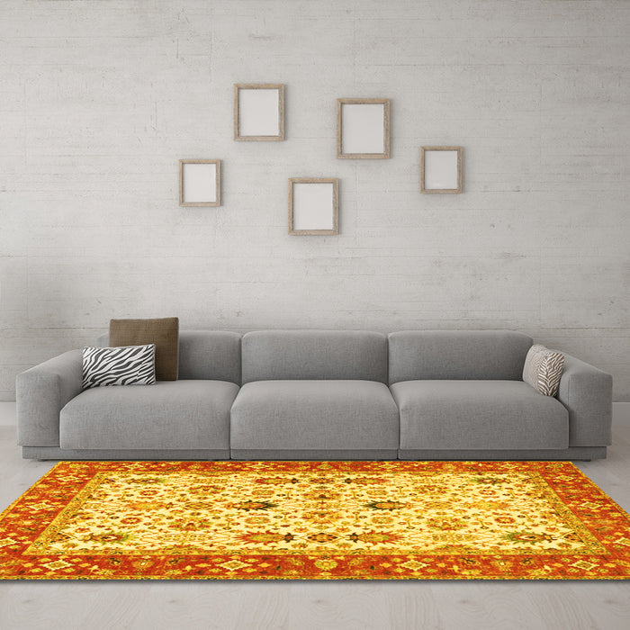 Machine Washable Oriental Yellow Traditional Rug in a Living Room, wshtr3007yw