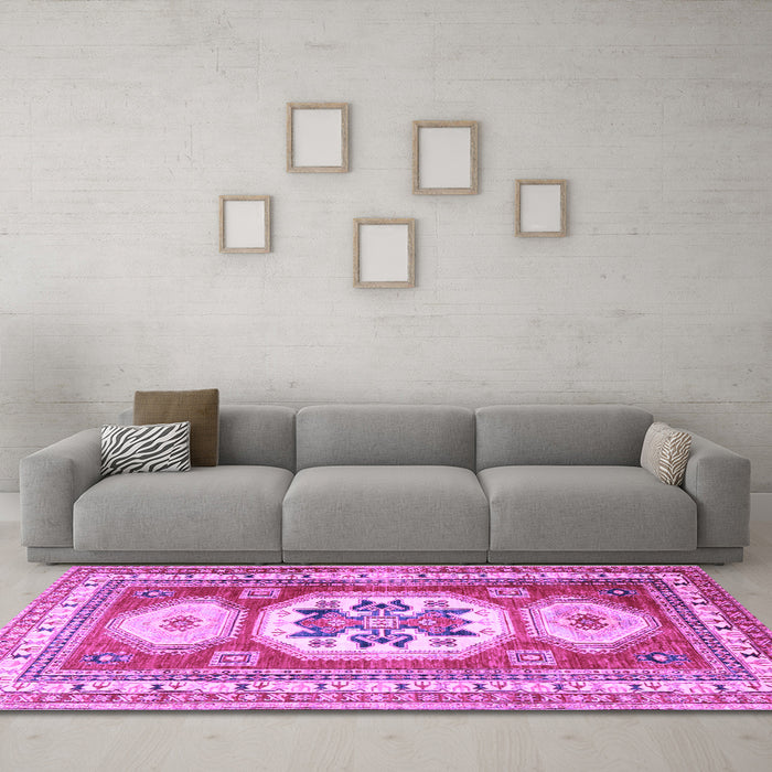 Machine Washable Geometric Purple Traditional Area Rugs in a Living Room, wshtr3008pur