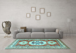 Machine Washable Geometric Light Blue Traditional Rug in a Living Room, wshtr3008lblu
