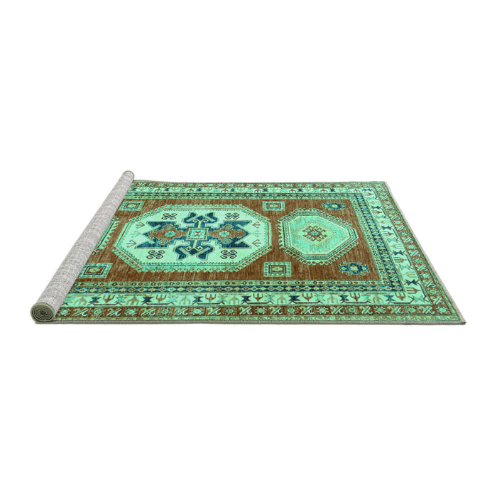 Sideview of Machine Washable Geometric Turquoise Traditional Area Rugs, wshtr3008turq