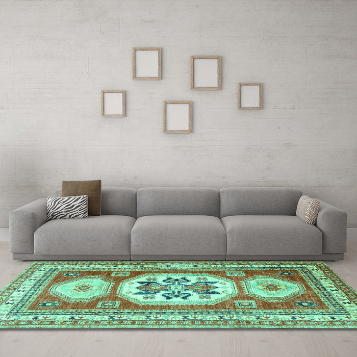 Machine Washable Geometric Turquoise Traditional Area Rugs in a Living Room,, wshtr3008turq