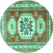 Round Machine Washable Geometric Turquoise Traditional Area Rugs, wshtr3008turq