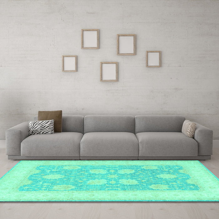 Machine Washable Oriental Turquoise Traditional Area Rugs in a Living Room,, wshtr3009turq