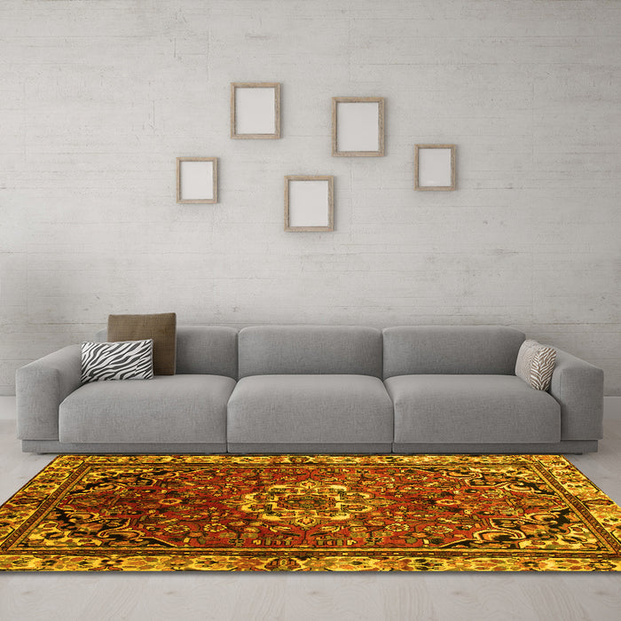 Machine Washable Persian Yellow Traditional Rug in a Living Room, wshtr300yw