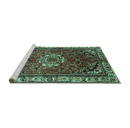 Sideview of Machine Washable Persian Turquoise Traditional Area Rugs, wshtr300turq