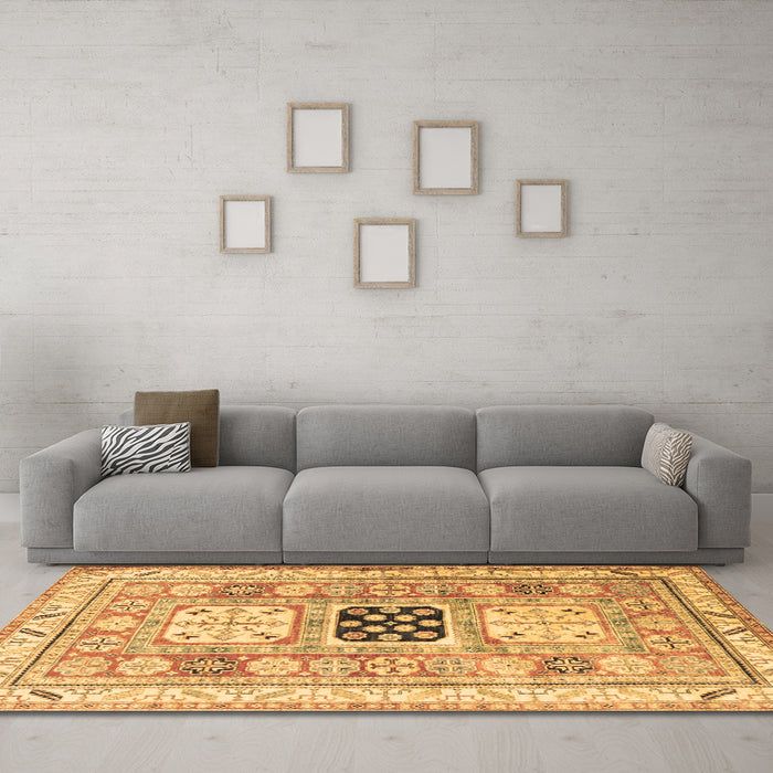 Machine Washable Geometric Brown Traditional Rug in a Living Room,, wshtr3010brn