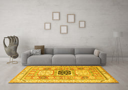 Machine Washable Geometric Yellow Traditional Rug in a Living Room, wshtr3010yw