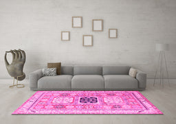 Machine Washable Geometric Pink Traditional Rug in a Living Room, wshtr3010pnk