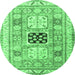 Round Machine Washable Geometric Emerald Green Traditional Area Rugs, wshtr3010emgrn