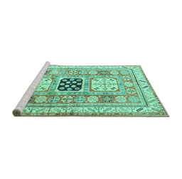 Sideview of Machine Washable Geometric Turquoise Traditional Area Rugs, wshtr3010turq